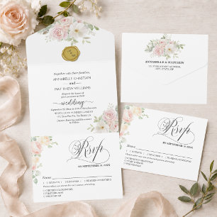 Elegante Soft Blush Rosen Hochzeit All In One Einladung