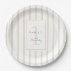 Elegante Soft Champagner Streifen 1. Geburtstag Pappteller