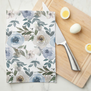 Elegante Soft Dusty Blue Watercolor Florals für Geschirrtuch
