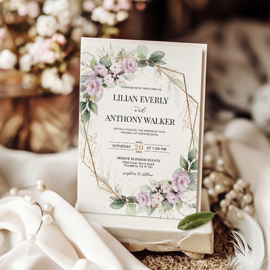 Elegante Soft Mauve Floral Gold Geometric Wedding Einladung