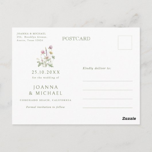 Elegante Soft Pastel Wildblume Boho Save the Date Postkarte (Rückseite)