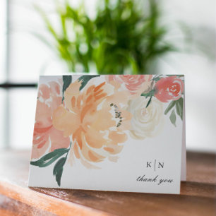 Elegante Soft-Pfirsich-Blumenmonogramm-Hochzeit Dankeskarte