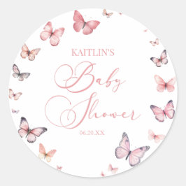 Elegante Soft Pink Butterfly Babydusche Runder Aufkleber