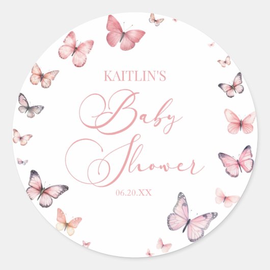 Elegante Soft Pink Butterfly Babydusche Runder Aufkleber (Vorderseite)