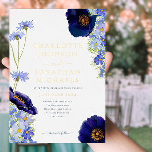 Elegante Sommerblumen in Blau und Gold Folieneinladung