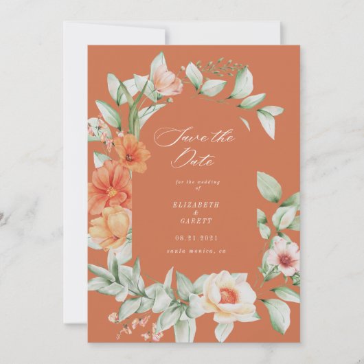 elegante Sommergarten mit Blumenkarte Save the Dat Date (Vorderseite)
