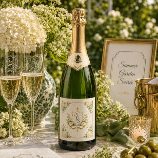 Elegante Sommergarten-Soirée Blumiges Monogramm Schaumweinetikett