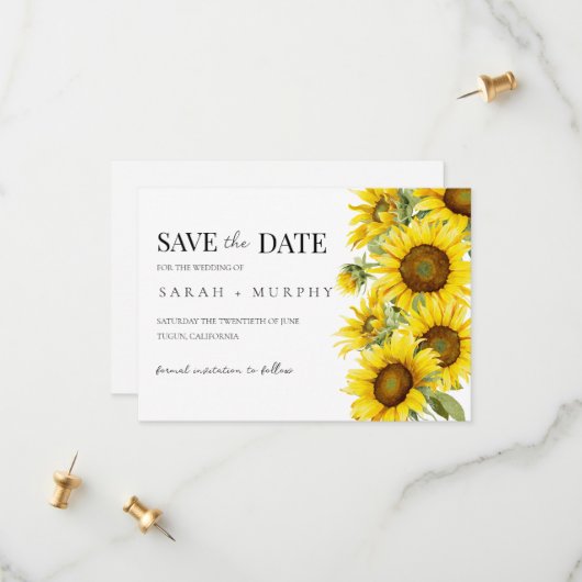 Elegante Sommerhochzeit mit Sonnenblumen Save The Date (Vorderseite/Rückseite Beispiel)