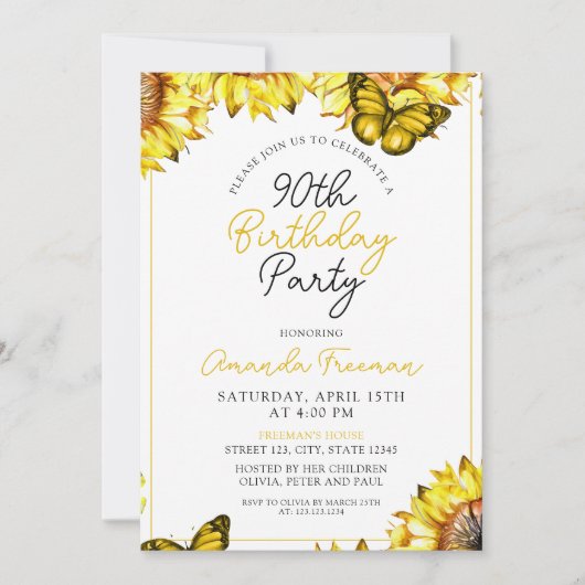 Elegante Sonnenblume 90. Geburtstag Einladung (Vorderseite)