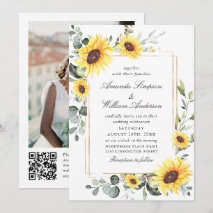 Elegante Sonnenblume Eucalyptus Wedding Foto QR-Co Einladung