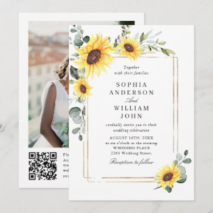 Elegante Sonnenblume Eucalyptus Wedding Foto QR-Co Einladung