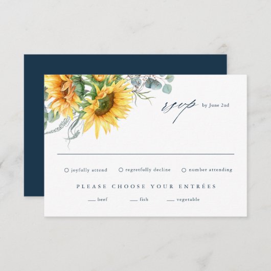 Elegante Sonnenblume Eucalyptus Wedding RSVP Card (Vorne/Hinten)