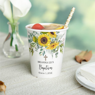 Elegante Sonnenblume & Eukalyptus Boho Kreuz Taufg Pappbecher