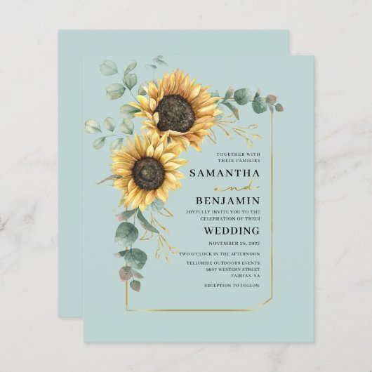 Elegante Sonnenblume Eukalyptus Hochzeit Einladung (Vorne/Hinten)