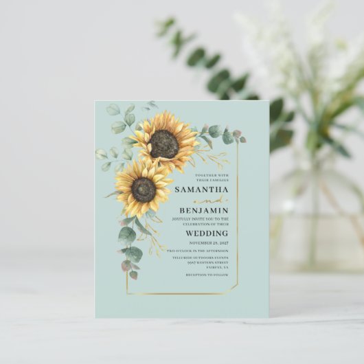 Elegante Sonnenblume Eukalyptus Hochzeit Einladung (Stehend Vorderseite)