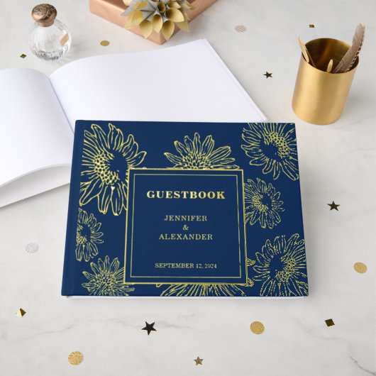 Elegante Sonnenblume Gold Hochzeit Foil blue Gästebuch (Vorderseite offen)