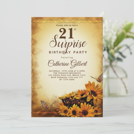 Elegante Sonnenblume mit Schmetterling am 21. Gebu Einladung (Stehend Vorderseite)