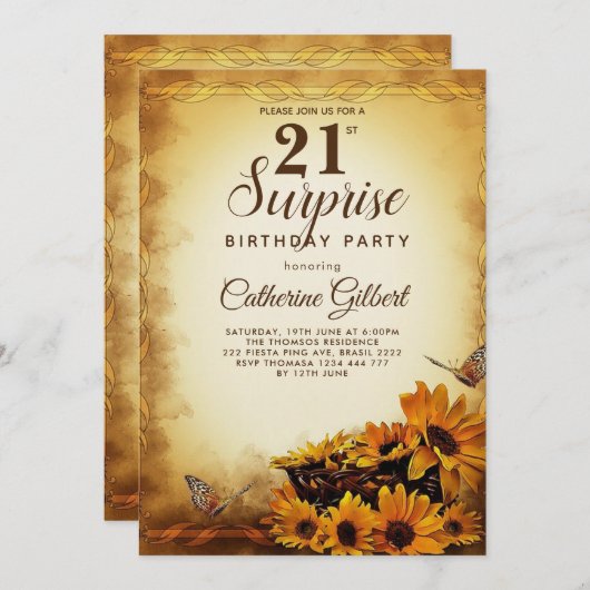 Elegante Sonnenblume mit Schmetterling am 21. Gebu Einladung (Vorne/Hinten)