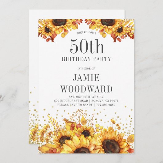 Elegante Sonnenblumen 50. Geburtstag Einladung (Vorne/Hinten)