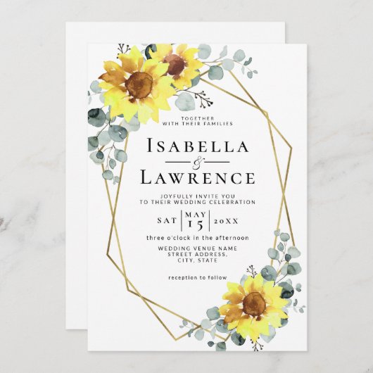 Elegante Sonnenblumen Blau Gold Geometrische Hochz Einladung (Vorne/Hinten)