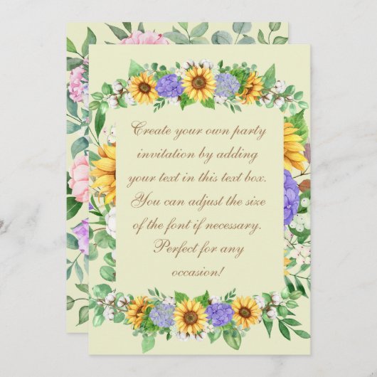 Elegante Sonnenblumen & Blue Hydrangeas Einladung (Vorne/Hinten)