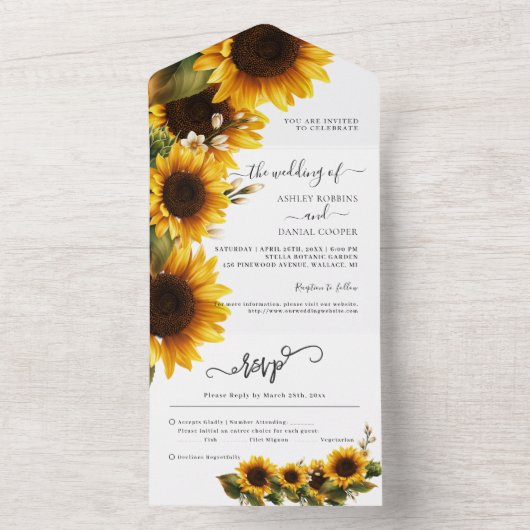 Elegante Sonnenblumen Bouquet Hochzeit alles in ei All In One Einladung (Innen Boden)