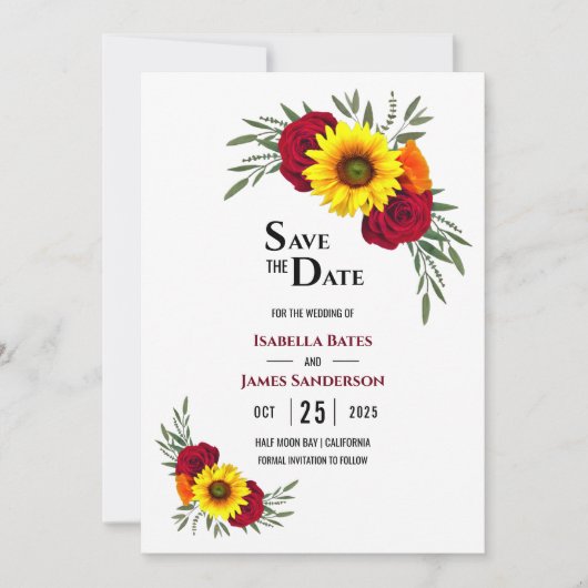 Elegante Sonnenblumen Burgund Rose Wedding Rettete Save The Date (Vorderseite)