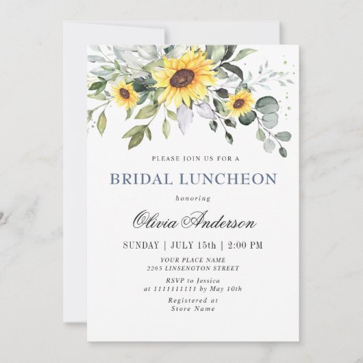 Elegante Sonnenblumen Eucalyptus BRIDAL LUNCHEON Einladung (Vorderseite)