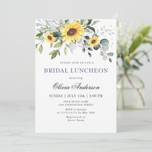 Elegante Sonnenblumen Eucalyptus BRIDAL LUNCHEON Einladung (Stehend Vorderseite)