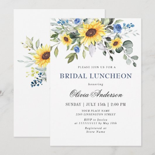 Elegante Sonnenblumen Eucalyptus BRIDAL LUNCHEON Einladung (Vorne/Hinten)