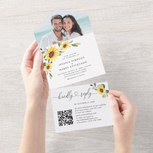Elegante Sonnenblumen Eucalyptus Wedding QR-Code All In One Einladung (Abreißen)