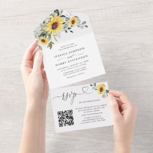 Elegante Sonnenblumen Eucalyptus Wedding QR-Code All In One Einladung (Abreißen)