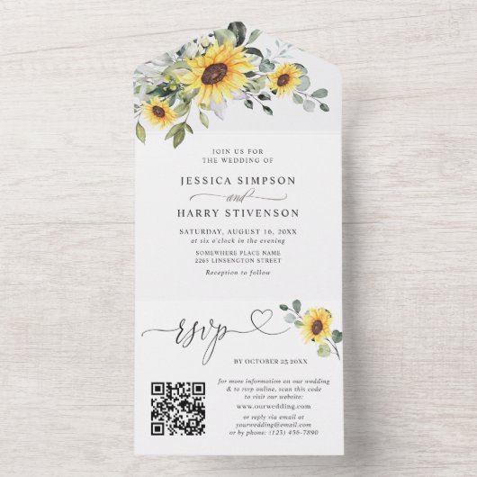 Elegante Sonnenblumen Eucalyptus Wedding QR-Code All In One Einladung (Innen Boden)