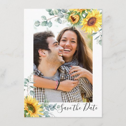 Elegante Sonnenblumen Eukalyptus-FOTO Hochzeit Save The Date (Vorderseite)