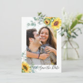 Elegante Sonnenblumen Eukalyptus-FOTO Hochzeit Save The Date (Stehend Vorderseite)