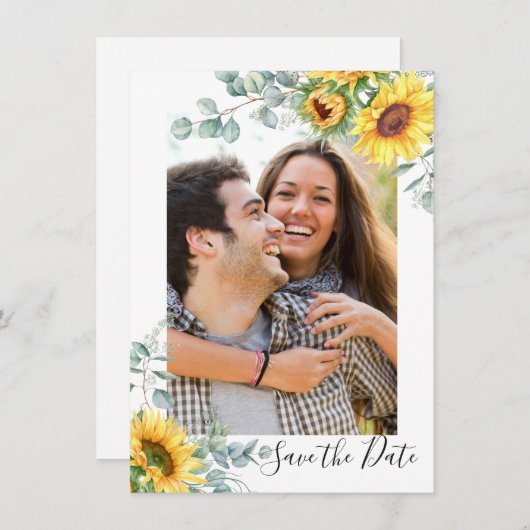 Elegante Sonnenblumen Eukalyptus-FOTO Hochzeit Save The Date (Vorne/Hinten)