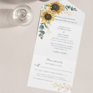 Elegante Sonnenblumen-Eukalyptus-Hochzeit mit flor All In One Einladung