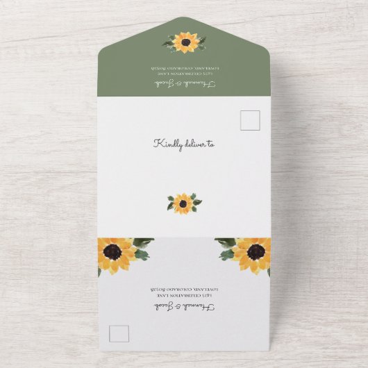 Elegante Sonnenblumen Eukalyptus Hochzeit mit UAWG All In One Einladung (Außenbereich)