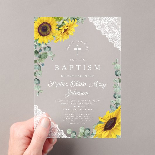 Elegante Sonnenblumen Eukalyptus Lace Girl Taufe Acryleinladungen (Insitu (Handheld))