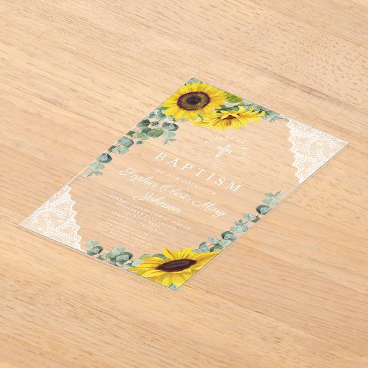 Elegante Sonnenblumen Eukalyptus Lace Girl Taufe Acryleinladungen (Ablage )
