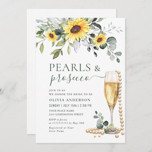Elegante Sonnenblumen Eukalyptus PEARLS & Prosecco Einladung (Vorne/Hinten)