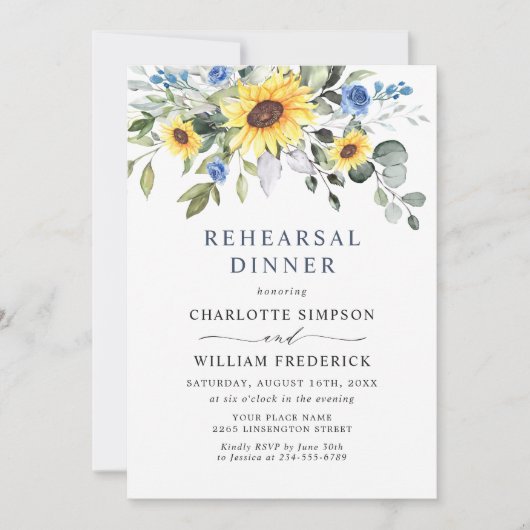 Elegante Sonnenblumen Eukalyptus PROBE DINNER Einladung (Vorderseite)