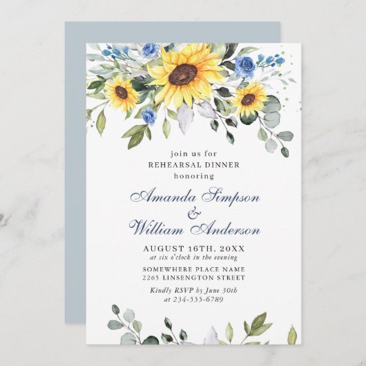 Elegante Sonnenblumen Eukalyptus PROBE DINNER Einladung (Vorne/Hinten)