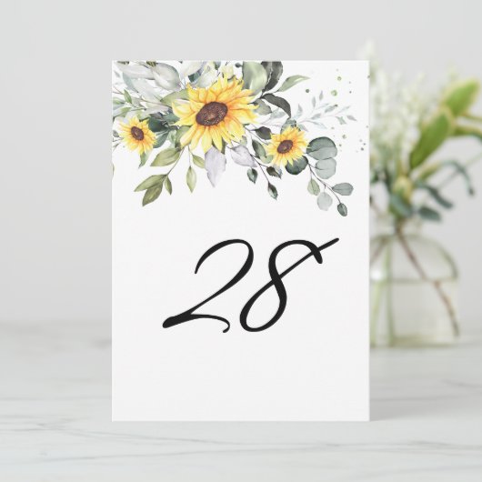 Elegante Sonnenblumen Eukalyptus-Tischnummer Einladung (Stehend Vorderseite)