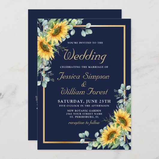 Elegante Sonnenblumen Eukalyptus Watercolor Hochze Einladung (Vorne/Hinten)