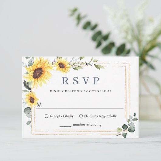 Elegante Sonnenblumen Eukalyptus Wedding RSVP Karte (Stehend Vorderseite)