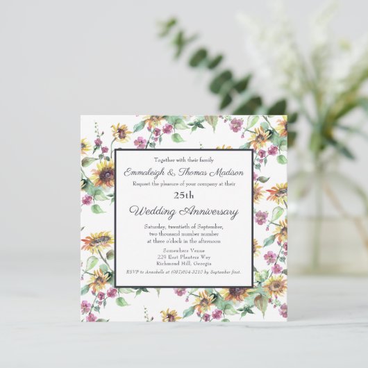 Elegante Sonnenblumen Florals Hochzeitstag Einladung (Stehend Vorderseite)