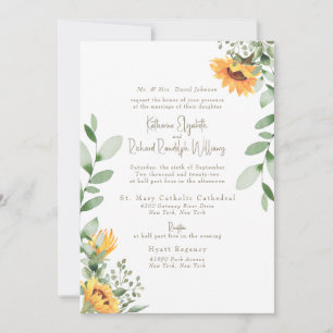 Elegante Sonnenblumen-Foliage Gold Text Hochzeit Einladung