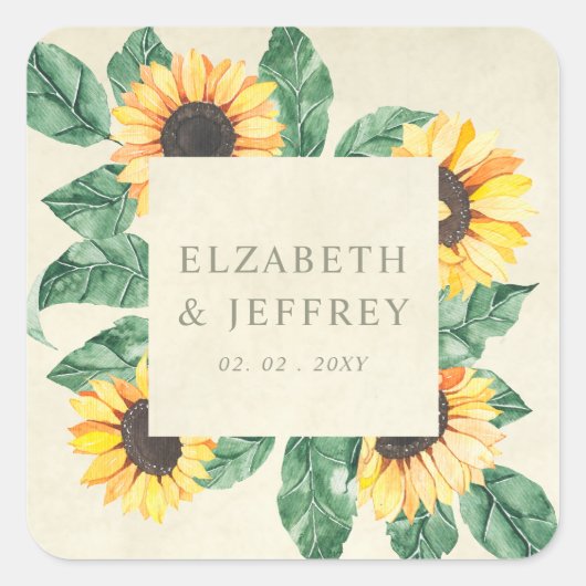 Elegante Sonnenblumen Garten Blumen Hochzeit Quadratischer Aufkleber (Vorderseite)