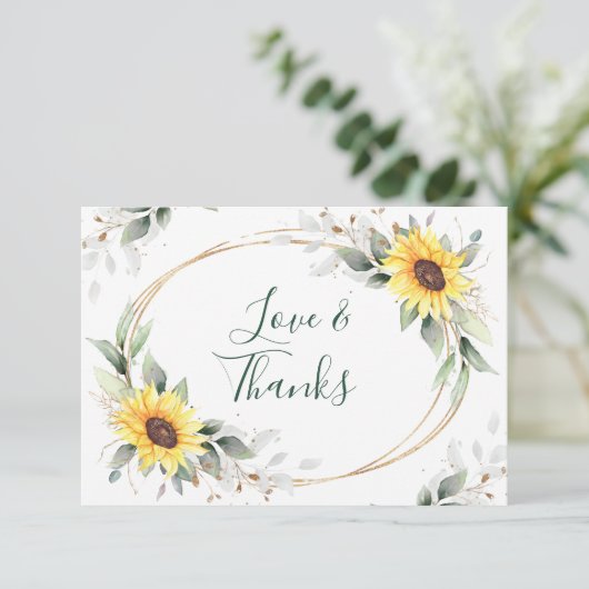 Elegante Sonnenblumen Grüne Blumen Dankeskarte (Stehend Vorderseite)